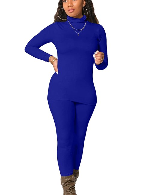 Mokoru Women's Tracksuit 2 Piece Outfits Turtleneck Long Sleeve Shirt Workout Jogger Legging Pants Set, X-Large, Royal Blue