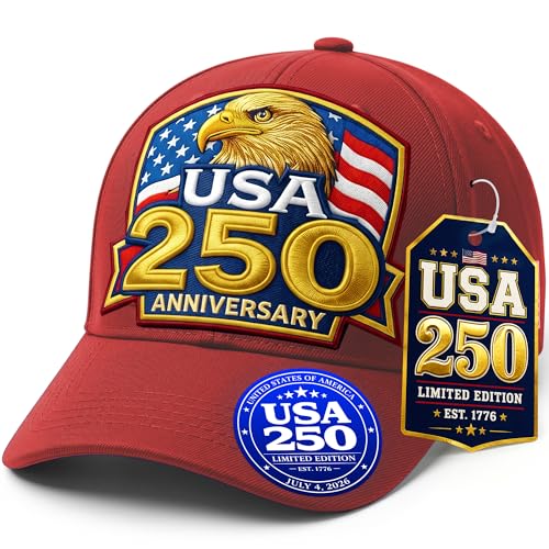 USA 250th Anniversary Hat - Red Embroidered Baseball Cap with Bald Eagle & Flag - 4th of July Gift