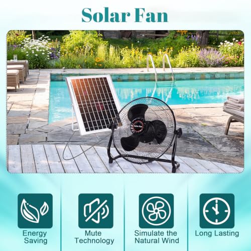 Tujoe 12 Inch Black Solar Panel Powered Fan with Adjustable Speed – Portable Outdoor & Indoor Cooling