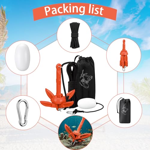 Orange Folding Grapnel Anchor Kit for Kayaks - 1.5 lb with 40ft Rope and Accessories
