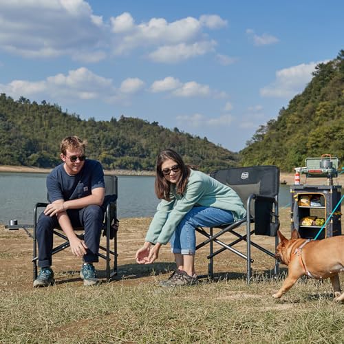 Camping Chair Set with Side Table - Oversized Lightweight Aluminum, 2 Pack Black-Brown