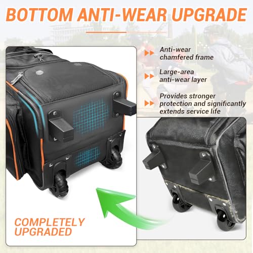 Rolling Baseball Catchers Gear Bag - 71-80L with Wheels, Shoe & Helmet Compartments, Water-Resistant, Orange, 10.63"x10.63"x38.58"
