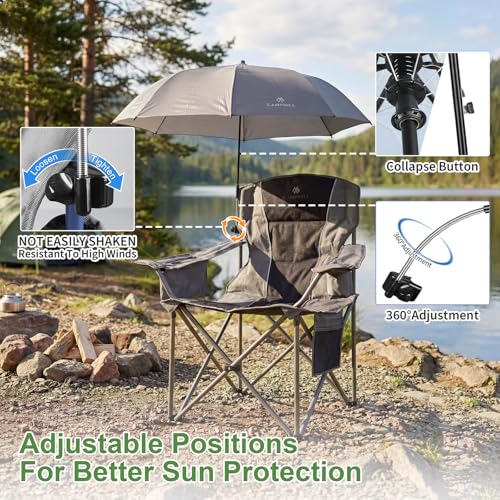 Black 2 Pack Oversized Camping Chairs with Adjustable Umbrellas and Padded Backrest