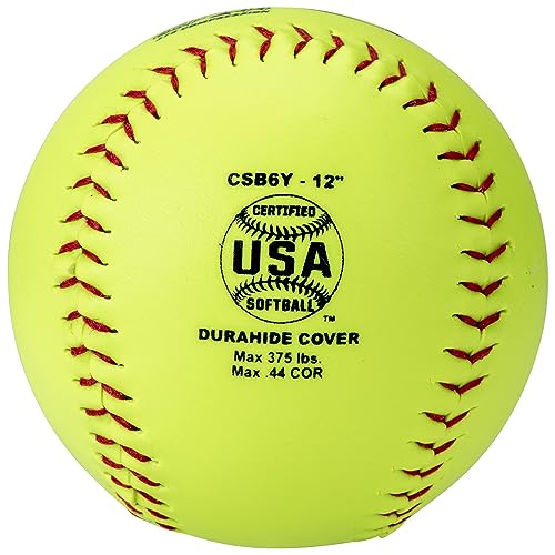 Champro ASA Approved 12-Inch Slow Pitch Softballs - Pack of 12, .44 COR, 375 Compression, Poly Synthetic Cover, Red Flat Seams, Optic Yellow