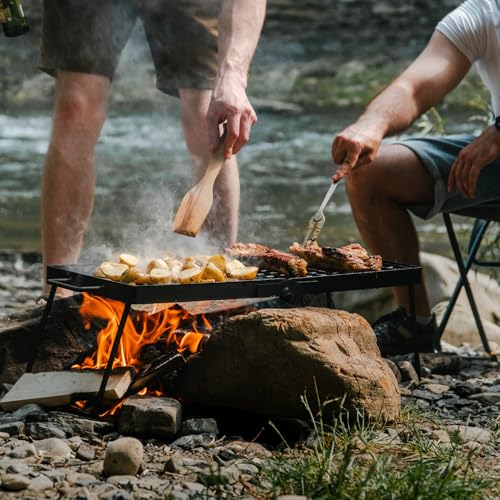 Heavy Duty Folding Campfire Grill with Griddle & Food-Safe Surface – Portable Over-Fire Cooking Grate