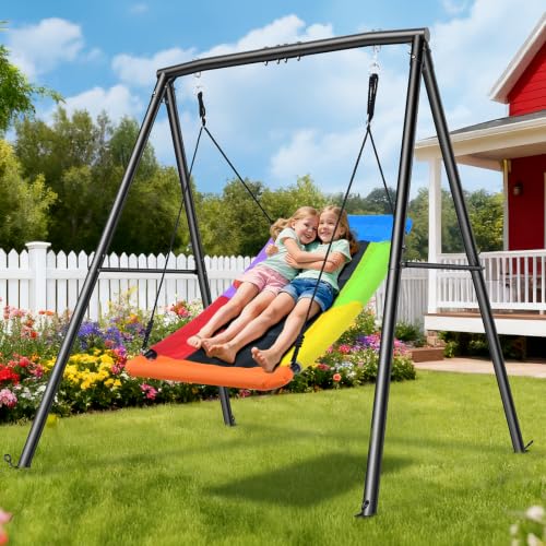 60-Inch Saucer Swing Set with Stand - Rainbow Swing, 440LBS Capacity, Black Frame