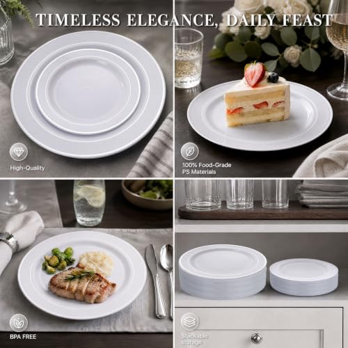 Silver Disposable Plastic Plates Set for 100 Guests - Includes 100 Dinner & Dessert Plates, 300 Cutlery, Cups, Napkins - Elegant Partyware