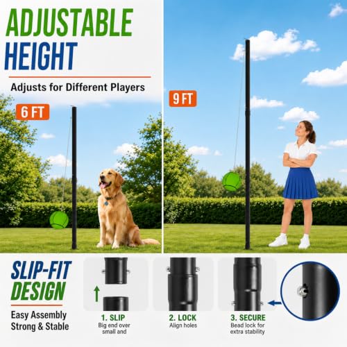 Eastrexon 9 FT Tetherball Set with 2 Balls & Adjustable Steel Pole for Outdoor Play