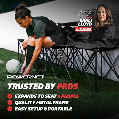 PowerNet 6-Seater Team Bench Black with Backpack Carry Bag - Portable Sports Seating for Soccer Football Basketball Practice & Games