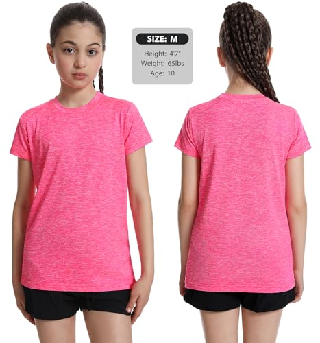 Girls Athletic T-Shirts Short Sleeve Dry Fit Tops 5 Pack - Medium Black Blue Green Red Purple