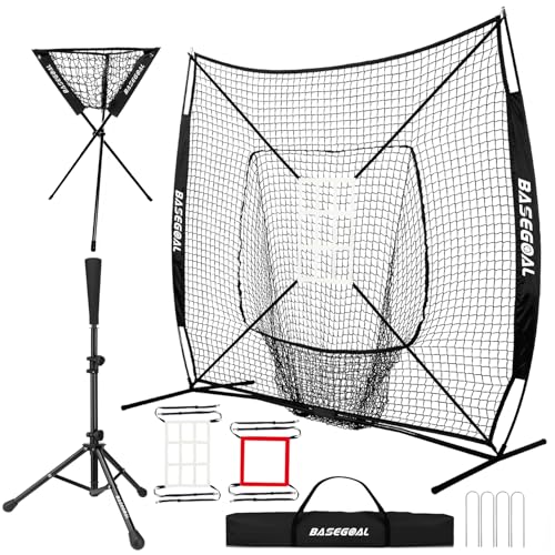 BaseGoal 7x7ft Baseball Practice Net with Batting Tee & Strike Zone - Black