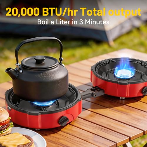 Red Foldable 2-Burner Propane Camping Stove with Piezo Ignition, Adjustable Burners & Carry Bag