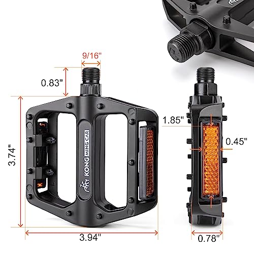 Black Mountain Bike Pedals 9/16 Inch Aluminum Flat Pedals with Reflectors - Wide Platform