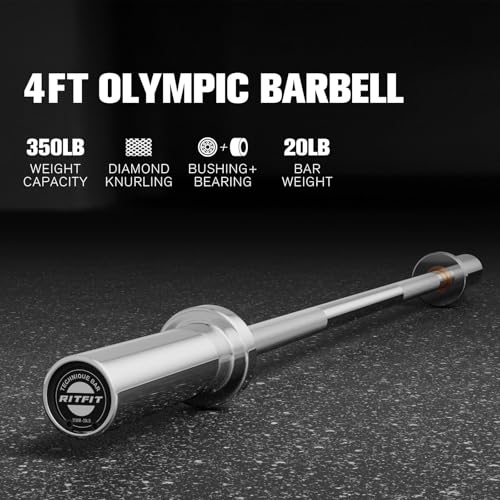 RitFit 4ft Olympic Barbell with Collars, Silver, 2 Inch Capacity, Strength Training