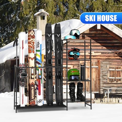 Freestanding Ski Rack with Adjustable Bars, Snowboard & Gear Storage