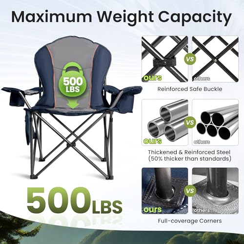 Foristrail 2-Pack XL Oversized Camping Chairs with Cup Holders & Waterproof Phone Case, Heavy Duty Folding Outdoor Chairs for Adults, Blue & Gray