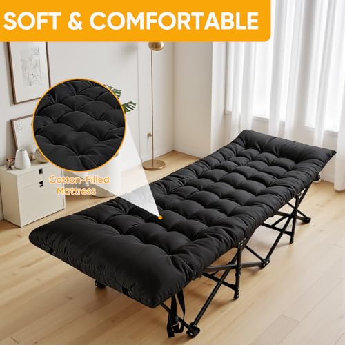 Black Camping Cot with Thick Mattress - Portable Foldable Sleeping Bed for Outdoor & Home