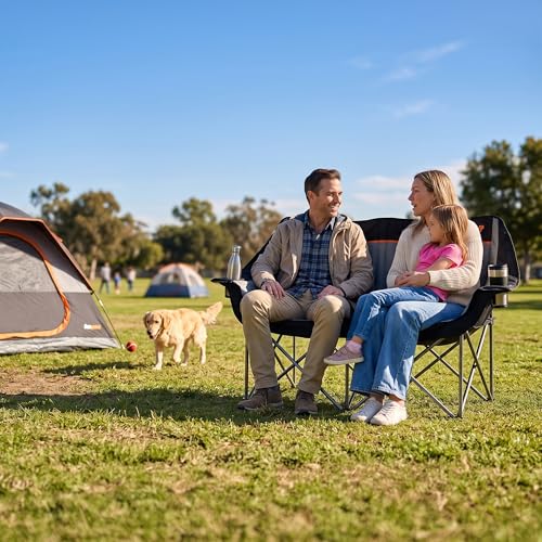 FUNYAKIT Black & Grey Heavy Duty 2-Person Camping Chair Supports 650LBS