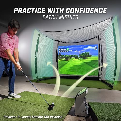 GoSports 10x8 ft Golf Range Cage with Impact Screen & Blank Simulator Screen
