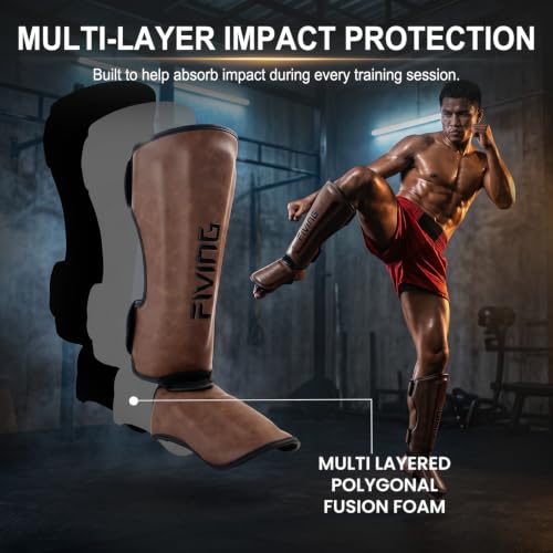 Retro Muay Thai Shin Guards for Men Women Dark Brown Large - Martial Arts Protective Gear