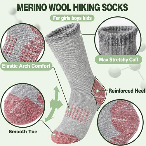 Kids Merino Wool Hiking Socks for Girls and Boys - 8-12 Years, 4 Pairs - Purple, Blue, Red, Grey
