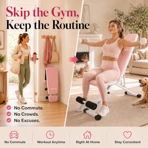 PIN JIAN Pink Adjustable Foldable Workout Bench - L, Full Body Gym Equipment