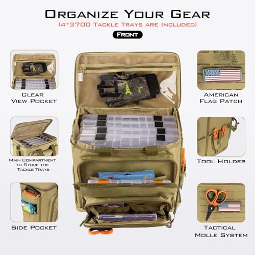 KastKing Karryall Saltwater & Freshwater Tackle Bag with Box - Large Khaki, 4x3700 Trays
