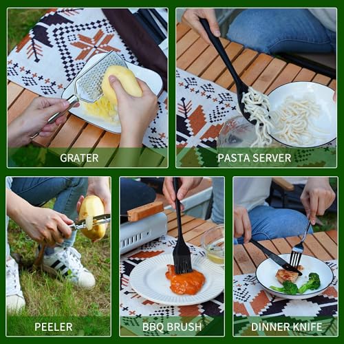 Camping Utensils Set - 30-Piece Silicone & Stainless Steel Kitchen Tools, Brown Pro Variation