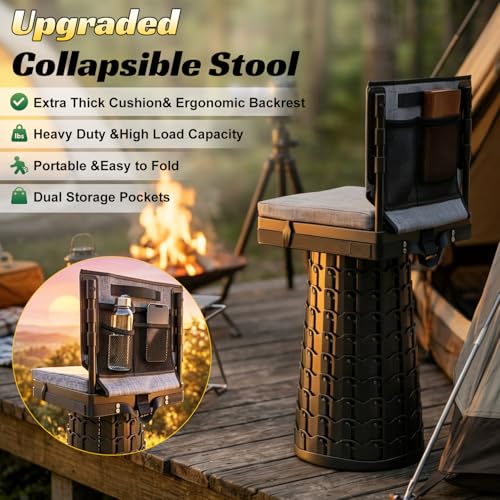 Heavy Duty Collapsible Camping Stool with Backrest & Thick Cushion, 1000lbs Capacity