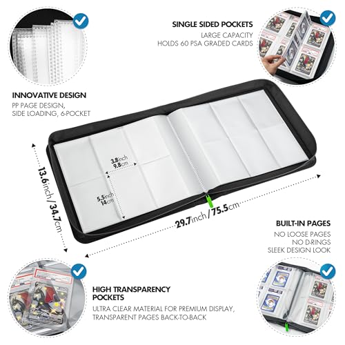 Black PSA Card Binder for Graded Slabs - Holds 60 Cards, Zipper Closure