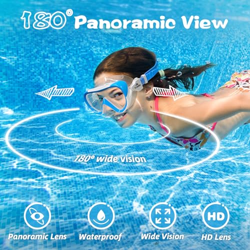Kids Swimming Goggles for Ages 4-16 with Nose Cover, Anti-Fog No Leak - Blue & Blue Green