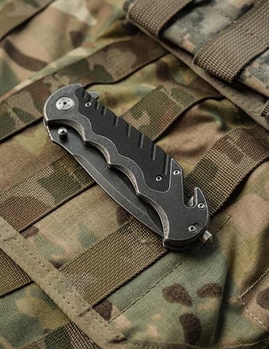 Stonewash Serrated Border Guard Folding Knife - High Carbon Steel, Aluminum Handle, Tactical, Survival, EDC