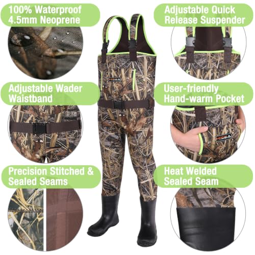 Kids Waterproof Chest Waders - 4.5mm Neoprene Youth Fishing & Outdoor Wear - Green, 8/9 Big Kid / Next Camo Evo