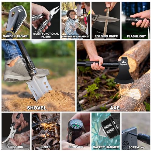 Suprock Black 06 Survival Shovel & Tactical Axe Combo - 30-in-1 Emergency Multi-Tool for Camping & Hiking