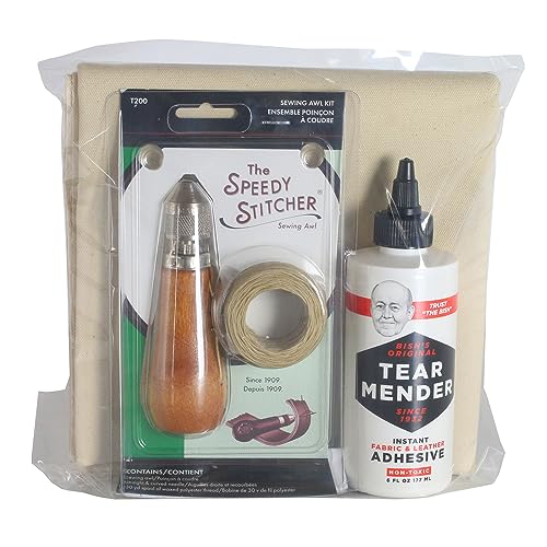 Canvas Tent Repair Kit with Glue, Sewing Awl, Heavy Canvas & Waxed Thread