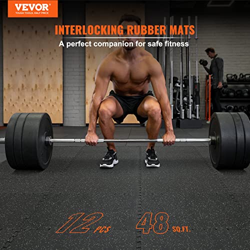 VEVOR Black & Gray Interlocking Gym Floor Tiles 25x25in 0.56in Thick - 12 pcs, Rubber & EVA Foam Workout Mats for Home & Exercise