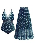 Plus Size Navy Blue Floral One-Piece Swimsuit with Skirt - XX-Large