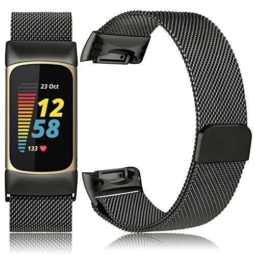 Black Metal Fitbit Charge 6 Band with Mesh Loop Magnetic Clasp - Women Men