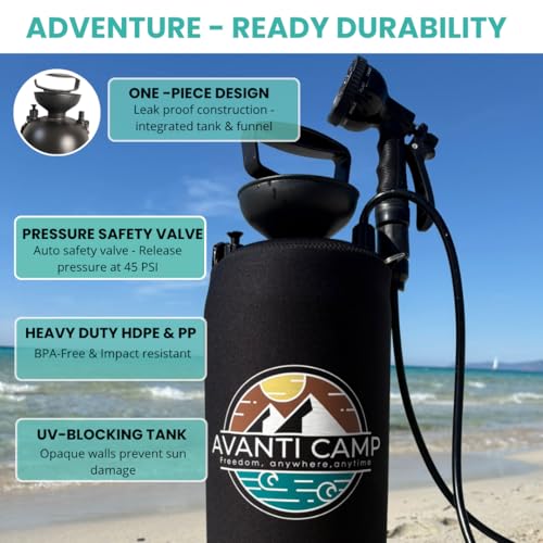 Portable Camping Shower 2.1 Gallon Pressurized Rinse Kit with 10 Spray Modes - Black