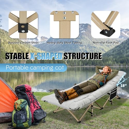 HABUTWAY Light Grey Folding Camping Cot for Adults, 75"x28", 600lbs Capacity, with Mattress & Carry Bag