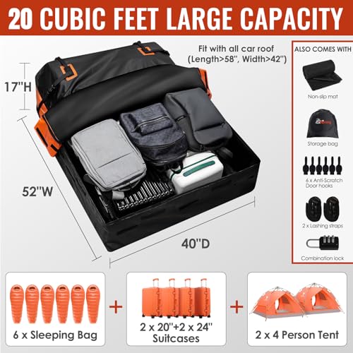 20 Cu Ft Waterproof Car Roof Cargo Bag with Racks & Locks – Heavy Duty Vehicle Luggage Carrier