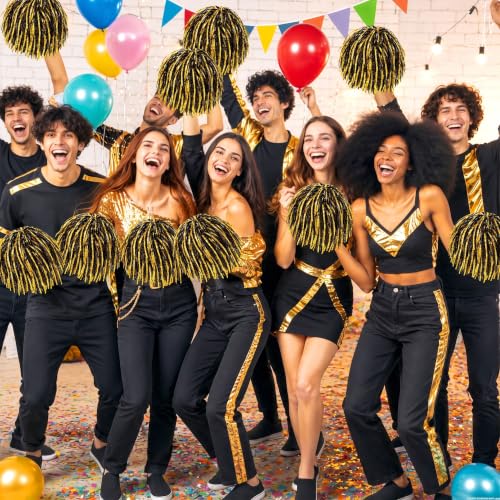 Vinsot Cheerleading Pom Poms Bulk Black Gold Mix 40 Pcs Metallic Foil School Spirit