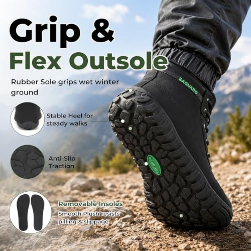 SAGUARO Winter Barefoot Boots for Adults - Water-Resistant, Wide Toe Hiking Shoes with Faux Fur Lining - Black, Size 10 Women / 9 Men