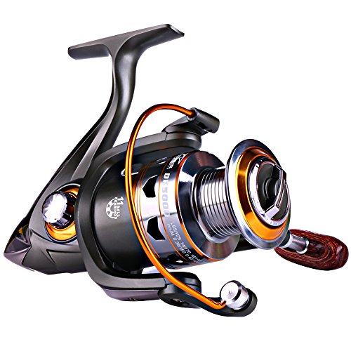 Sougayilang DK1000 Spinning Fishing Reel with Left/Right Interchangeable Collapsible Wood Handle, 11BB, 5.2:1 Gear, For Inshore, Freshwater & Saltwater
