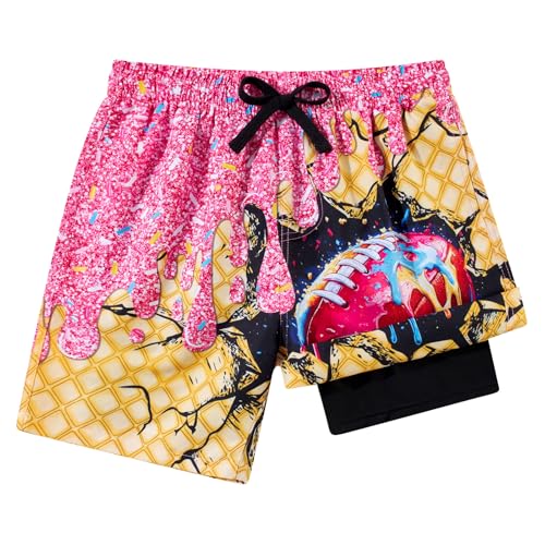 Idgreatim Boys Swim Trunks with Compression Liner - Pink Ice Cream Drip Football, 10-13 Years