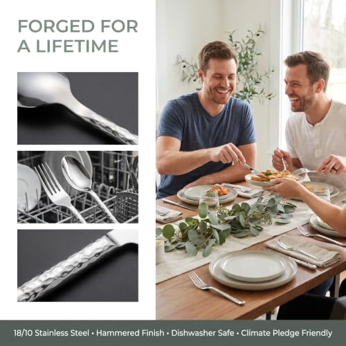 Silver Flatware Set 20pc Hammered Stainless Steel Cutlery - Forged & Durable Variation of This Listing