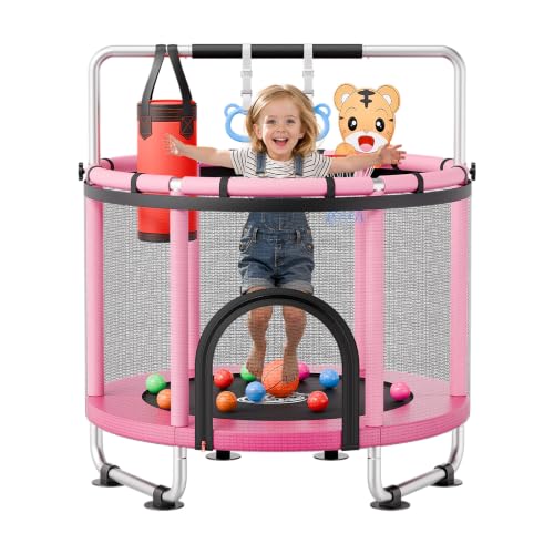 Pink Indoor Trampoline for Kids 3-12 with Safety Enclosure & Toys - 4.6 ft