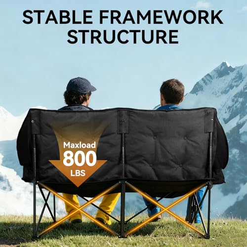 Oversized Double Camping Chair with Cationic Black Fabric Support 800LBS - Huskfirm, Heavy Duty Folding Lounger