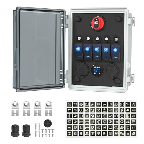 Joinfworld Waterproof 12V 5-Gang Rocker Switch Panel with USB & Volt Meter