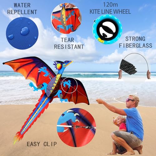 Dragon Kite with Reel - Upgraded Classical Stereoscopic Flying Kites for Kids & Adults